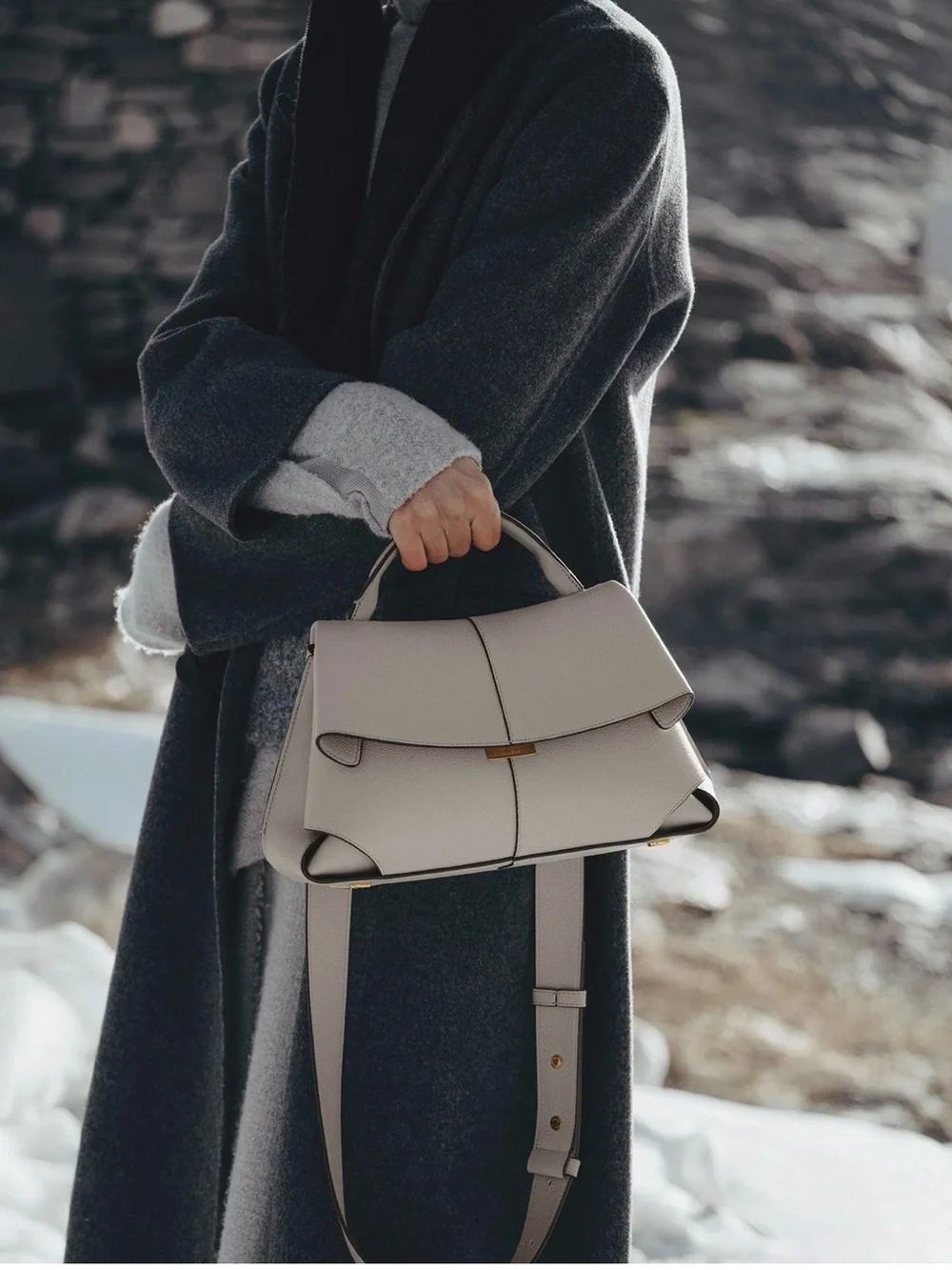 POLENE Top Handle Satchel Bag in Cream